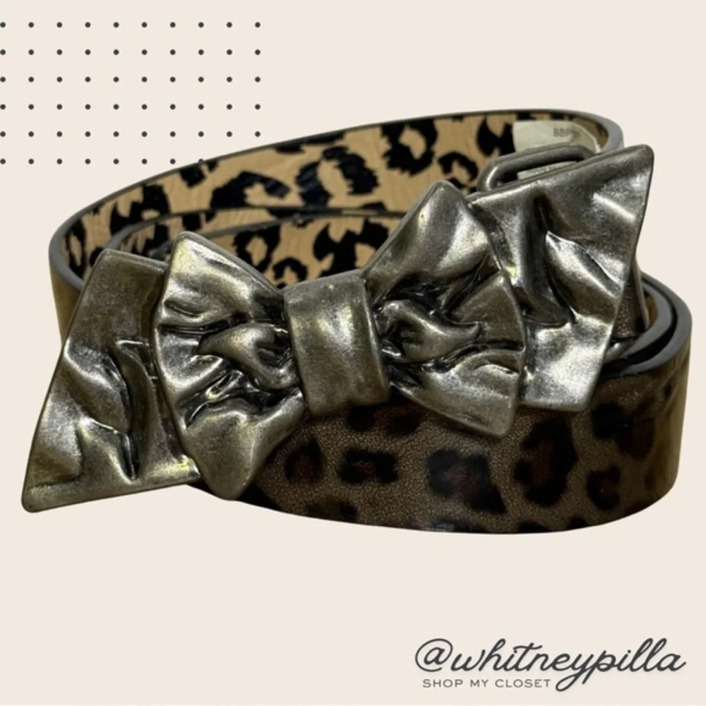 Betsey Johnson Leopard Print Statement Belt with Silver Bow Buckle Size Medium